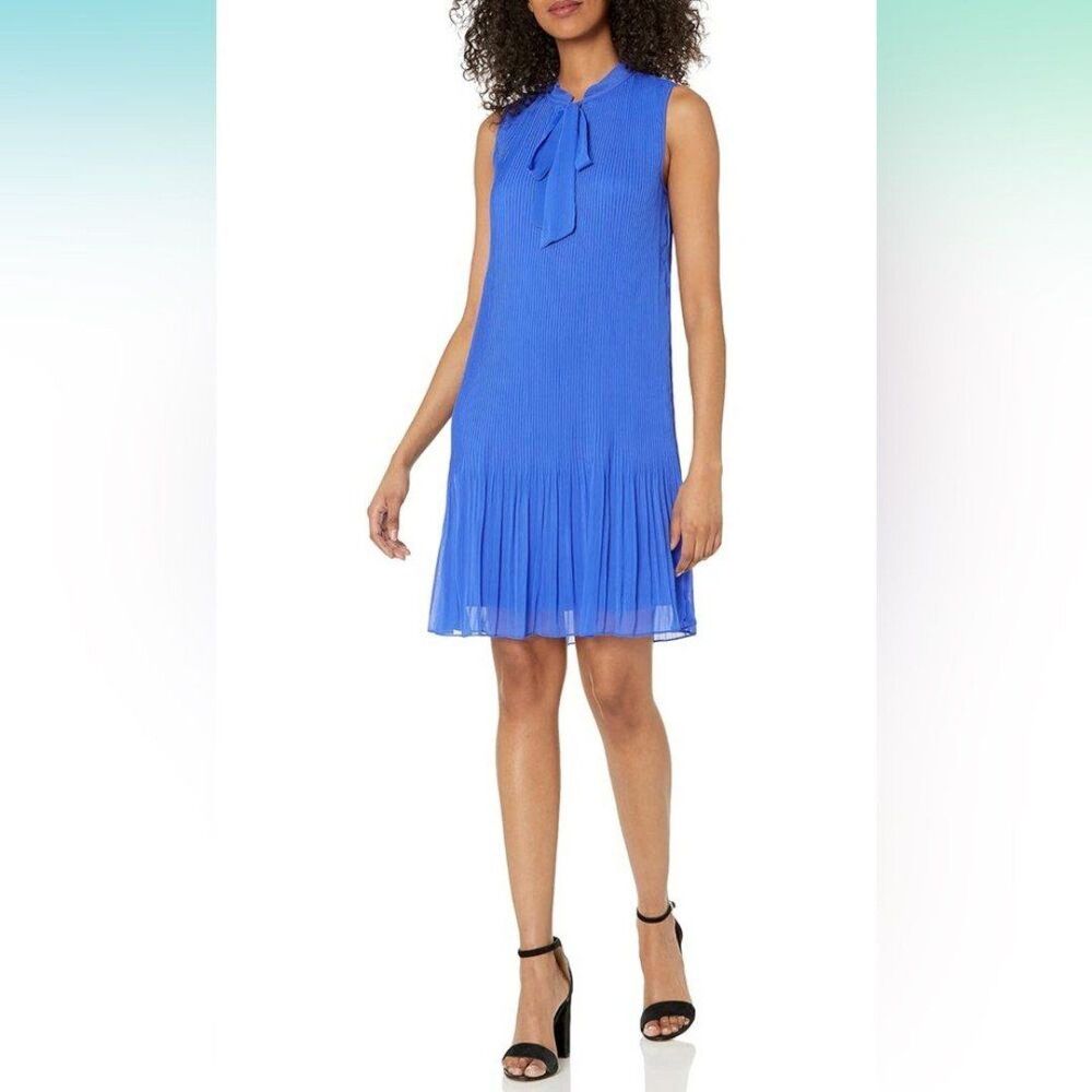 DKNY Iris Blue Sleeveless Neck Tie Pleated Flare Above the Knee Dress Size 12